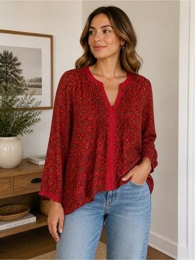Lucky Brand Red Ikat Boho Tunic Blouse Small Peasant Top